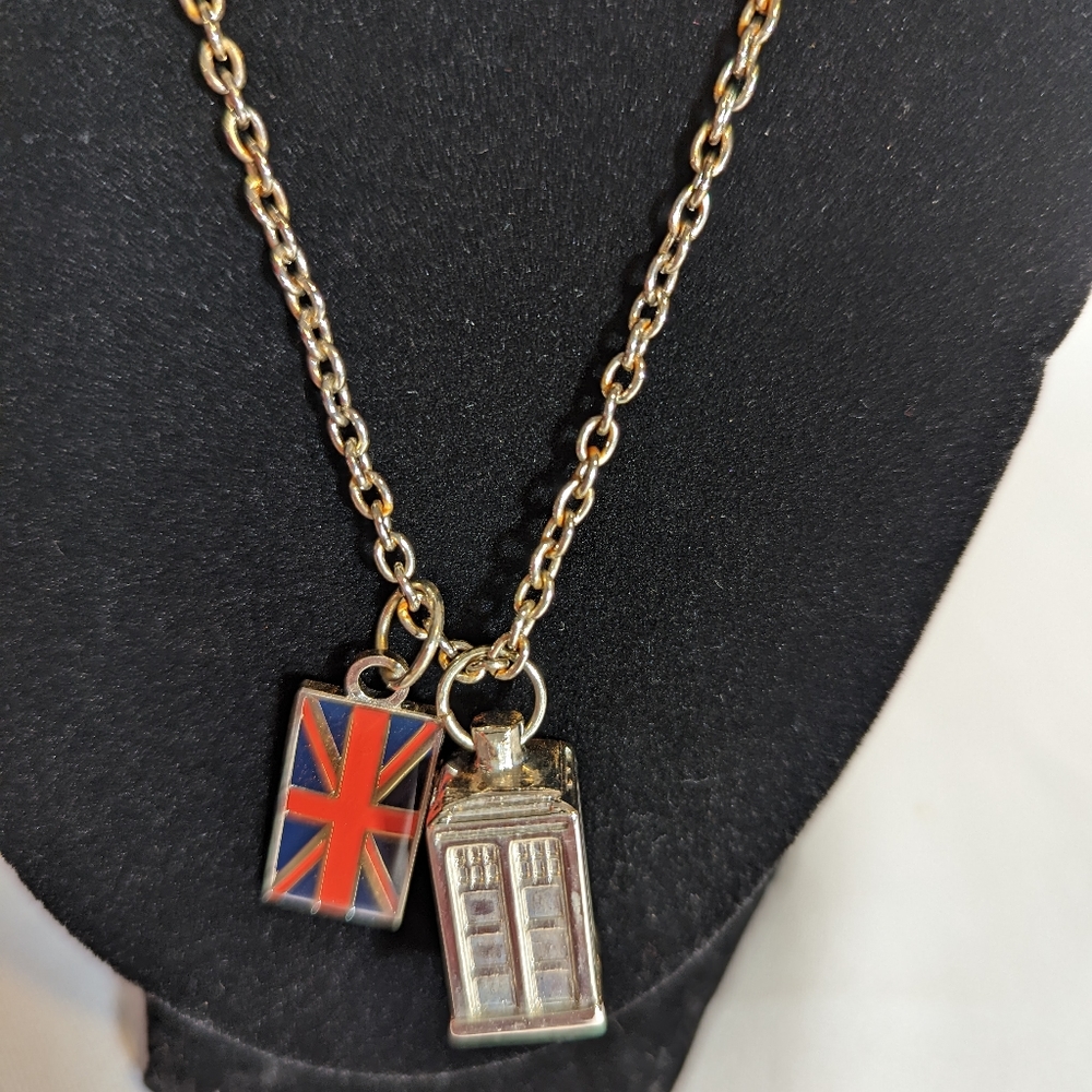 Union Jack and TARDIS Charm Pendant Necklace - Gold Tone